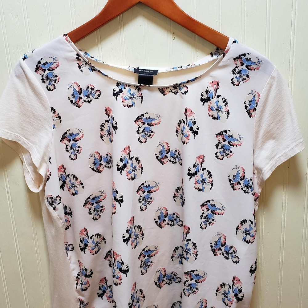 Ann Taylor Blouse Womens Large White Floral Print Boat Neck‎ Short Sleeve Top